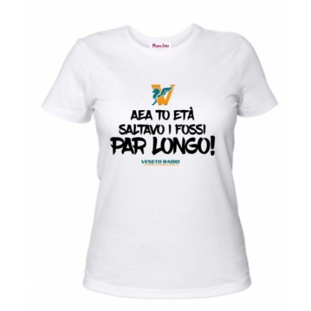 t-shirt bianca donna scritta veneto radio aea to età saltavo i fossi par longo