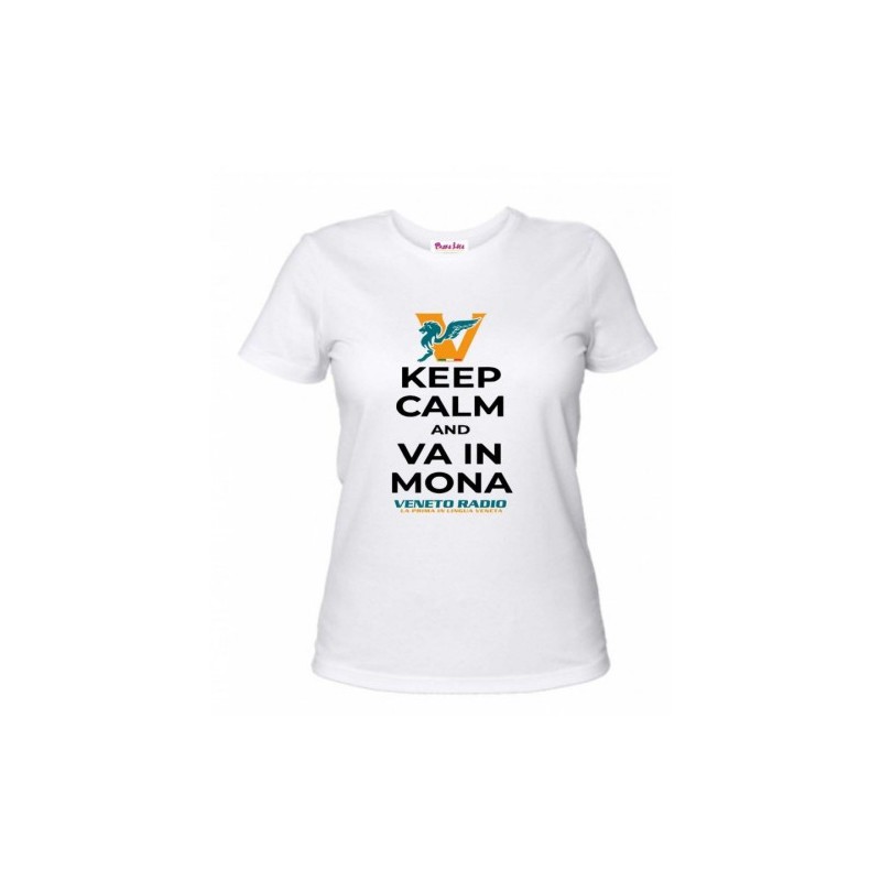 t-shirt bianca donna scritta veneto radio keep calm and va in mona