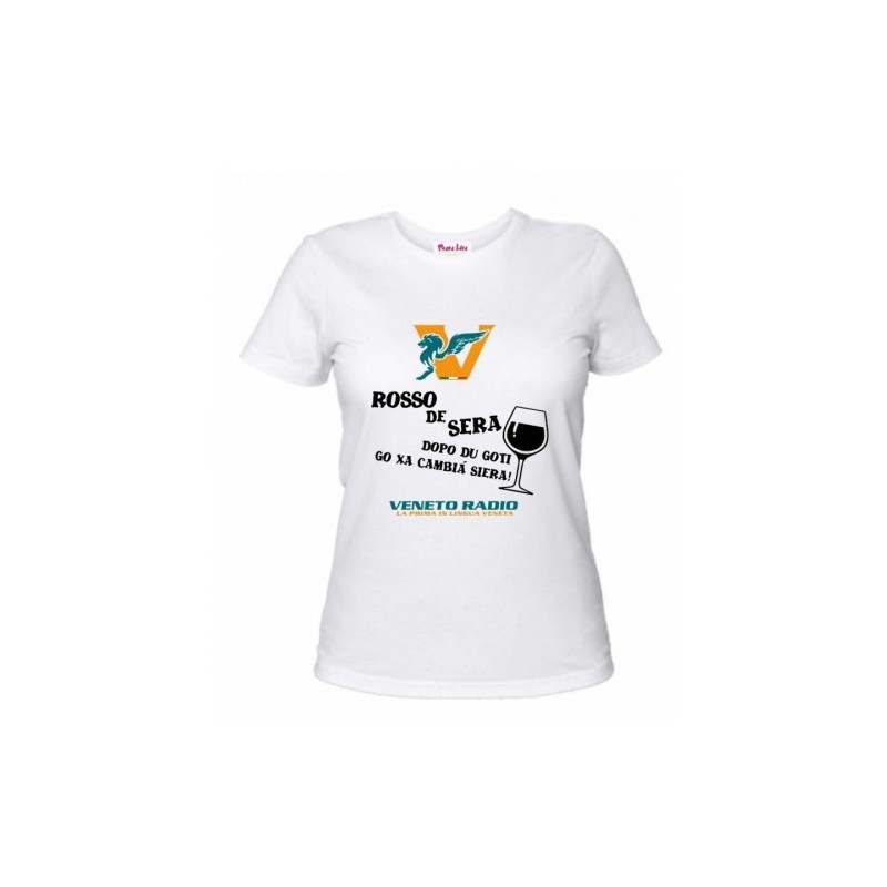 t-shirt bianca donna scritta veneto radio rosso de sera
