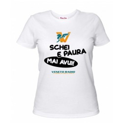 t-shirt bianca donna scritta veneto radio schei e paura mai avui