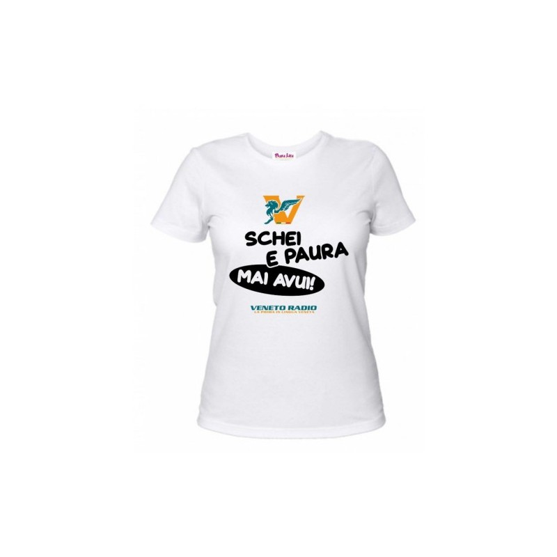 t-shirt bianca donna scritta veneto radio schei e paura mai avui