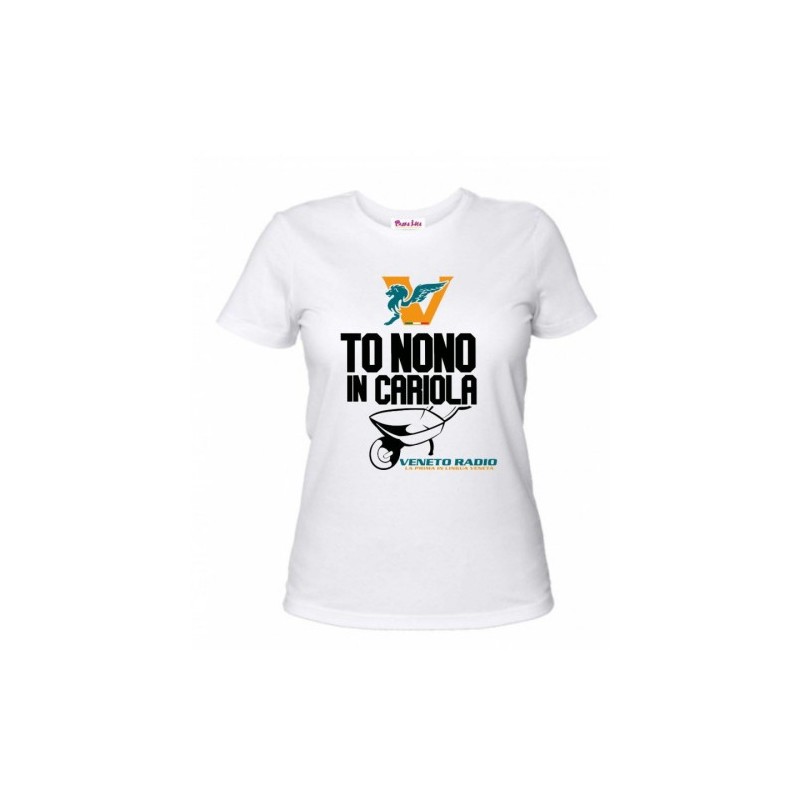 t-shirt bianca donna scritta veneto radio to nono in cariola