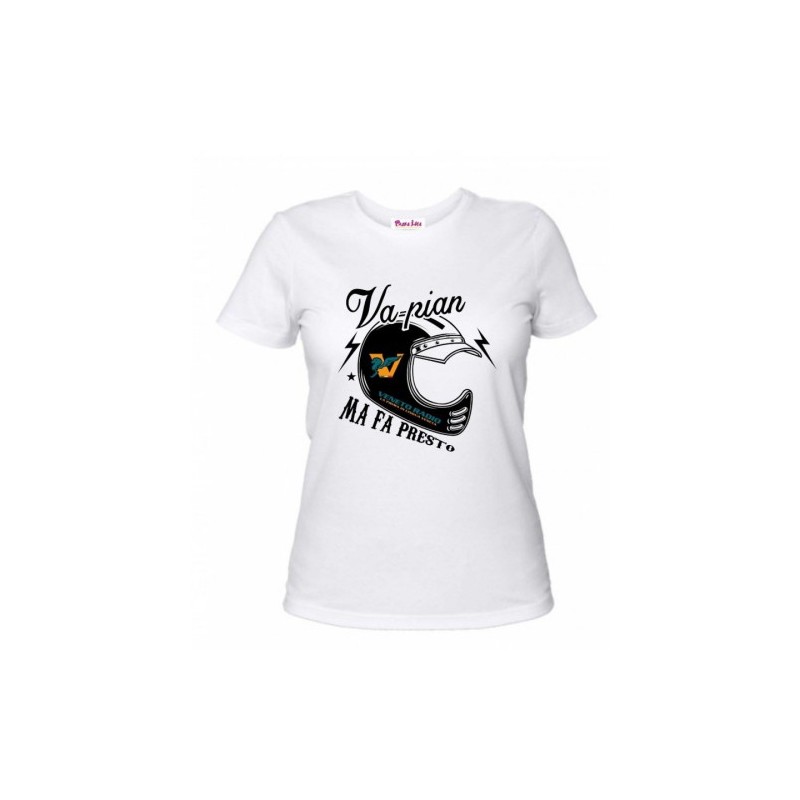 t-shirt bianca donna scritta veneto radio va pian ma fa presto