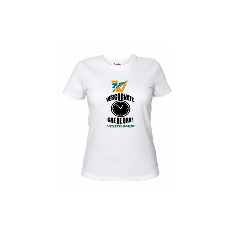 t-shirt bianca donna scritta veneto radio vergognate ca xe ora