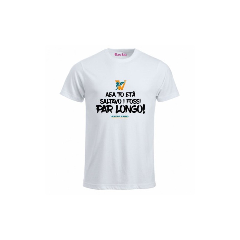 t-shirt bianca uomo scritta veneto radio aea to età saltavo i fossi par longo