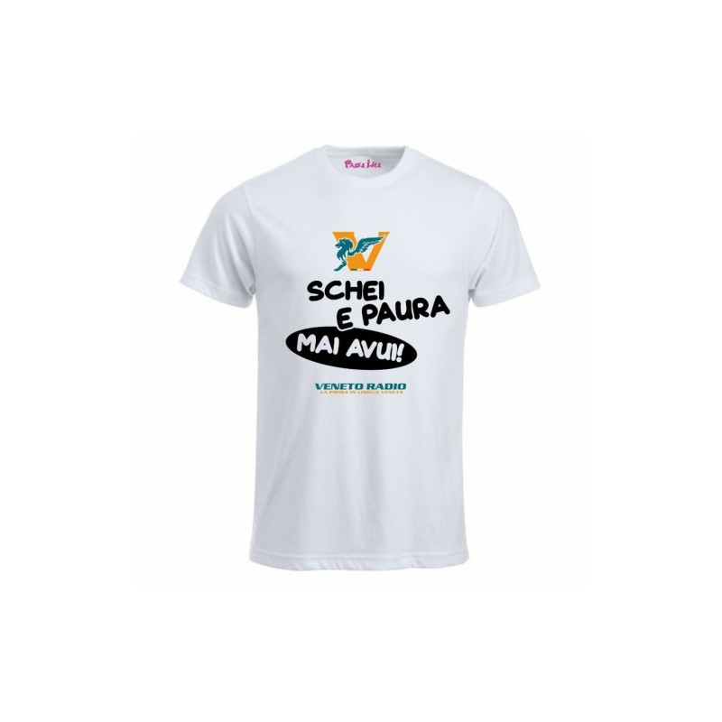 t-shirt bianca uomo scritta veneto radio schei e paura mai avui