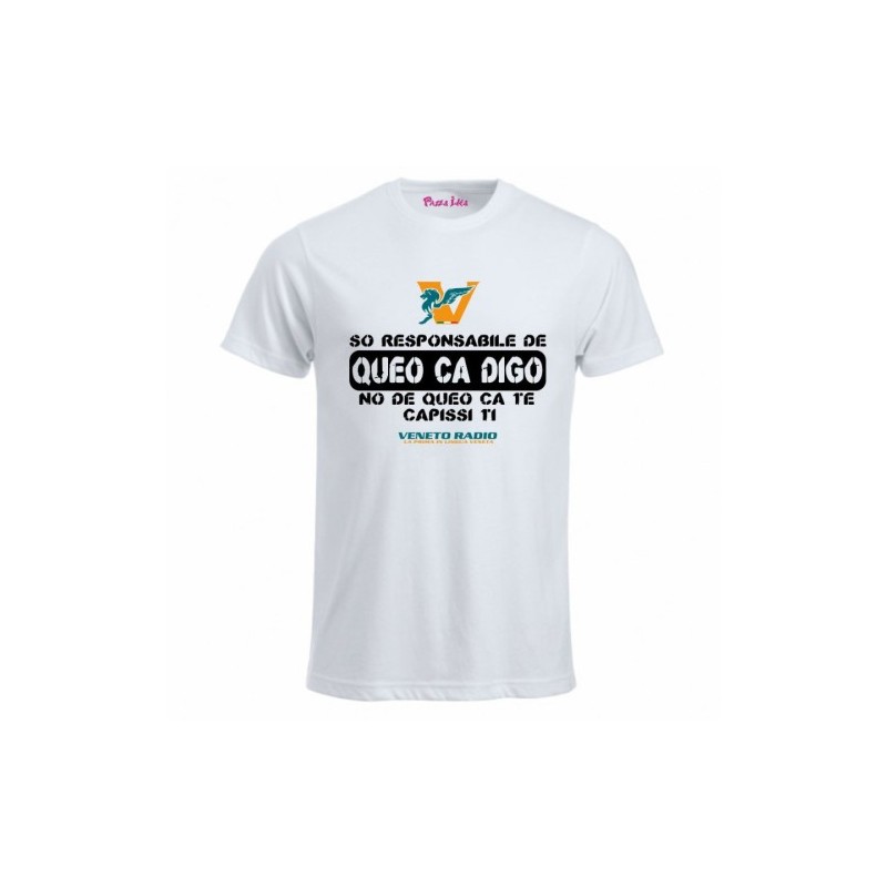 t-shirt bianca uomo scritta veneto radio son responsabile di queo ca digo
