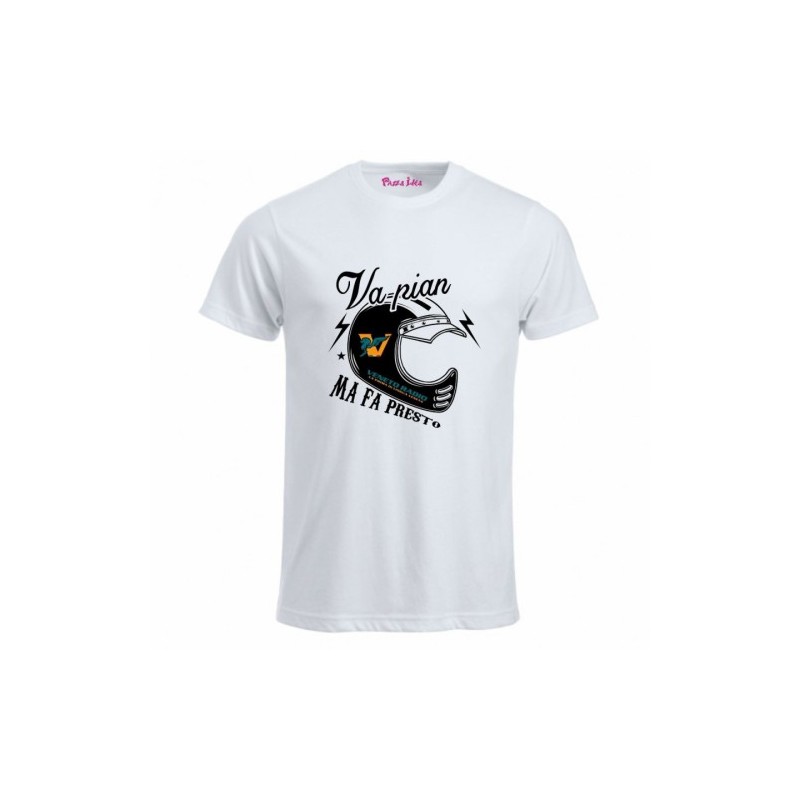 t-shirt bianca uomo scritta veneto radio va pian ma fa presto