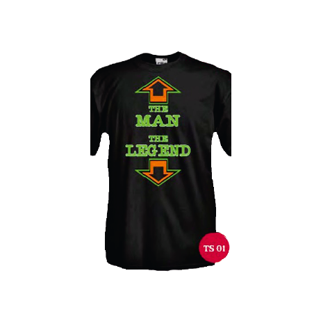 t-shirt m/c frase spiritosa "the man the leggend"
