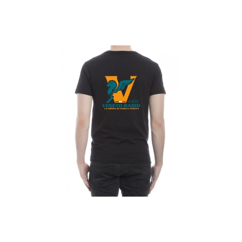 t-shirt nera scritta sul retro logo veneto radio gadget