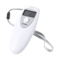 Etilometro tascabile con schermo LCD e corpo bianco liscio,  Dotato di laccetto. Alimentato con 2 batterie AAA non incluse. Inc