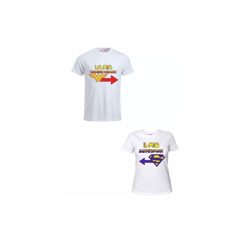 2 t-shirt bianca donna uomo scritta mia wonder woman il mio superman idea regalo