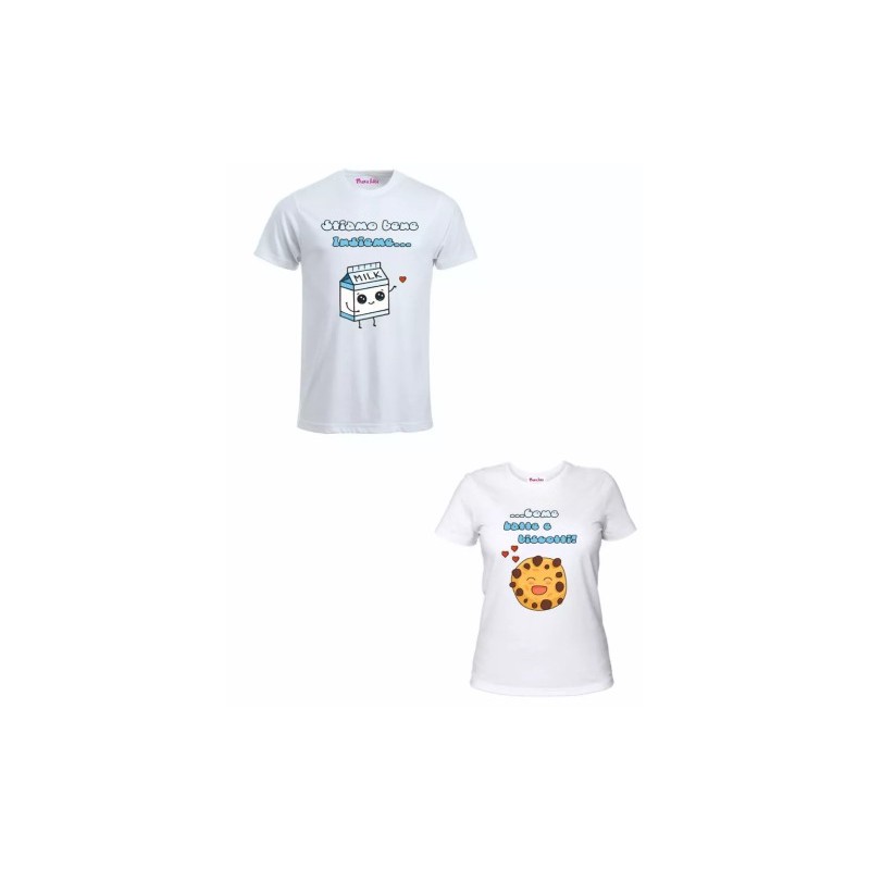 2 t-shirt bianca donna uomo scritta stiamo bene insieme come latte e biscotti