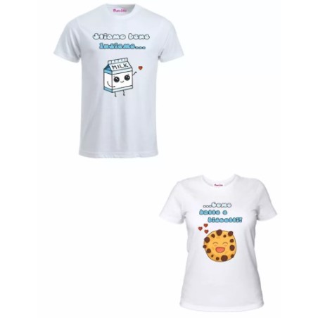 2 t-shirt bianca donna uomo scritta stiamo bene insieme come latte e biscotti