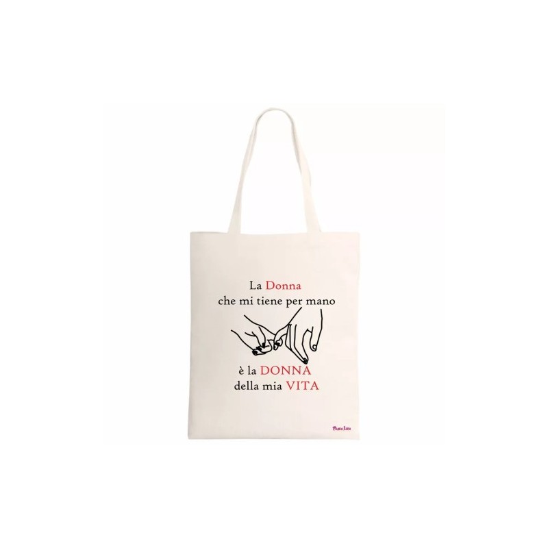 borsa ecru 34x39 scritta la donna che mi tiene per mano regalo festa donna