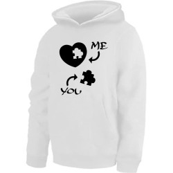 felpa bianca donna cappuccio cotone scritta me you puzzle regalo san valentino