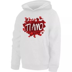 felpa bianca donna cappuccio cotone scritta ti amo cuore regalo san valentino