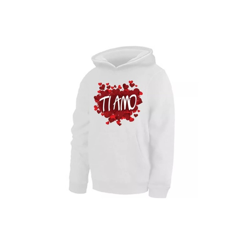 felpa bianca donna cappuccio cotone scritta ti amo cuore regalo san valentino