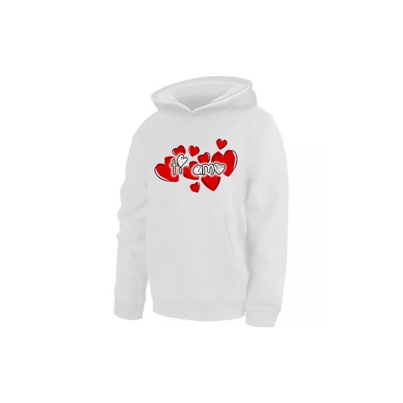 felpa bianca donna cappuccio cotone scritta ti amo idea regalo san valentino