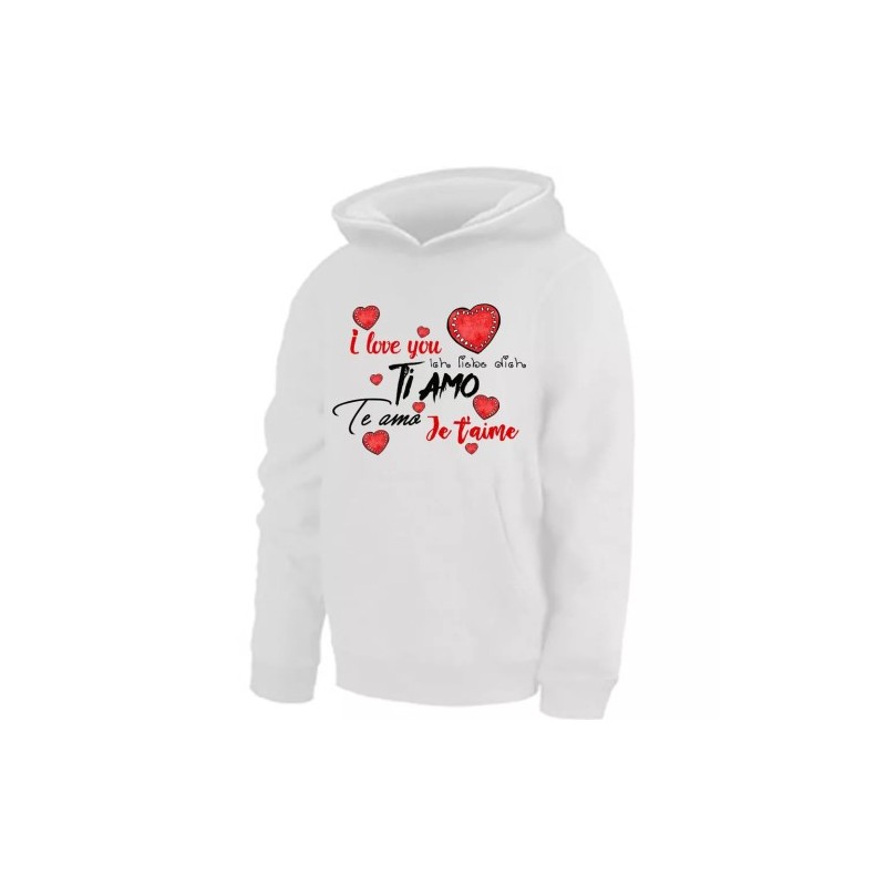 felpa bianca donna cappuccio scritta i love you ti amo idea regalo san valentino