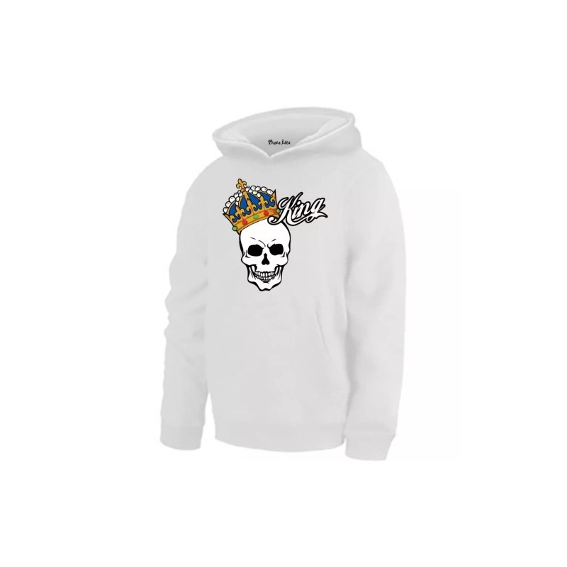 felpa cappuccio uomo caldo cotone bianca disegno teschio scritta king