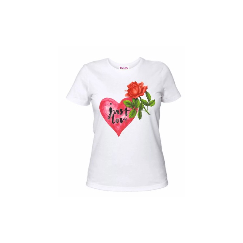 t-shirt bianca donna scritta just love cuore rosa idea regalo san valentino
