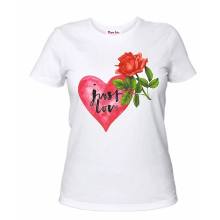 t-shirt bianca donna scritta just love cuore rosa idea regalo san valentino