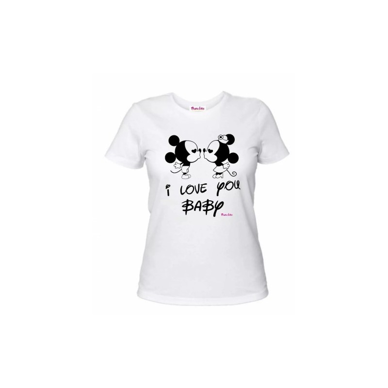 t-shirt donna bianca scritta i love you baby topolino regalo san valentino