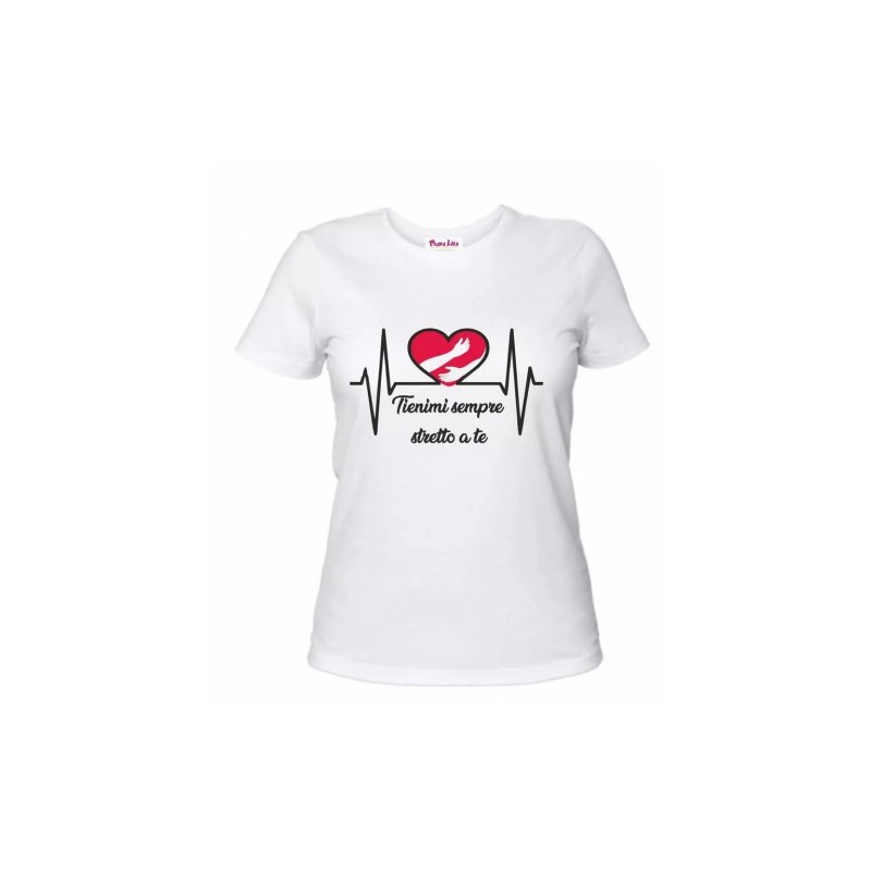 t-shirt donna disegno cuore rosso abbraccio mani battito scritta tienimi stretto