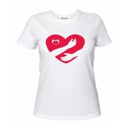t-shirt donna disegno cuore rosso abbraccio mani regalo amore