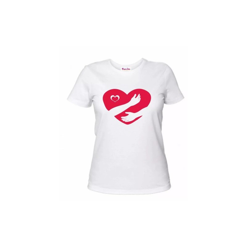 t-shirt donna disegno cuore rosso abbraccio mani regalo amore