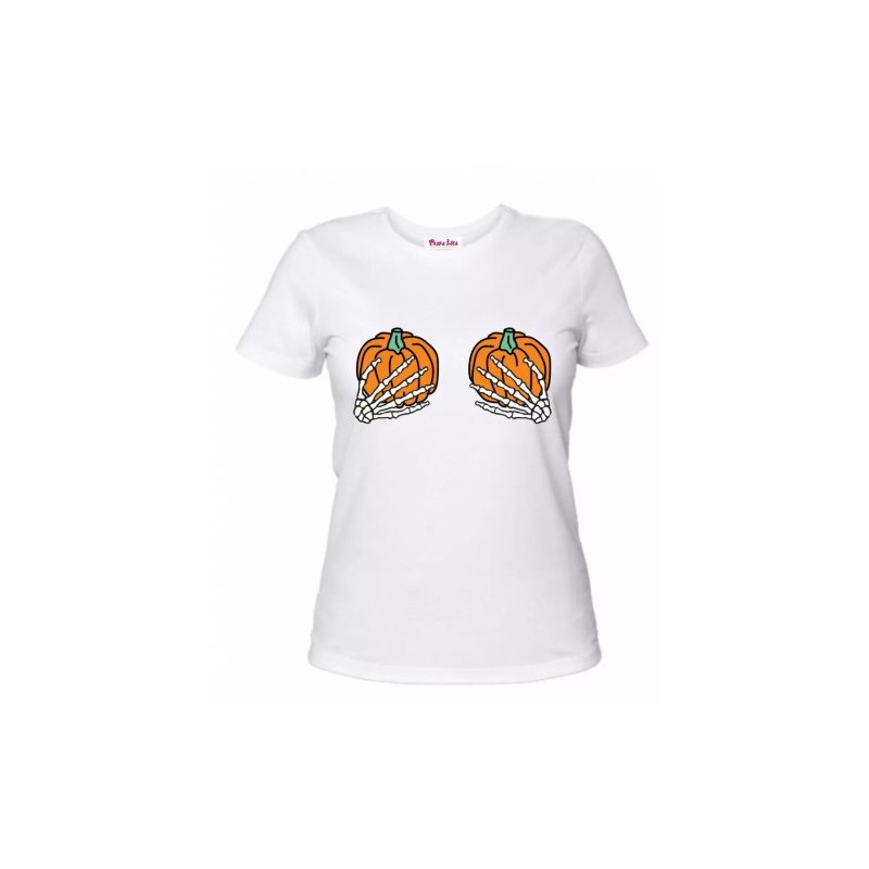 t-shirt maglia bianca donna con disegno zucche mani scheletro halloween regalo