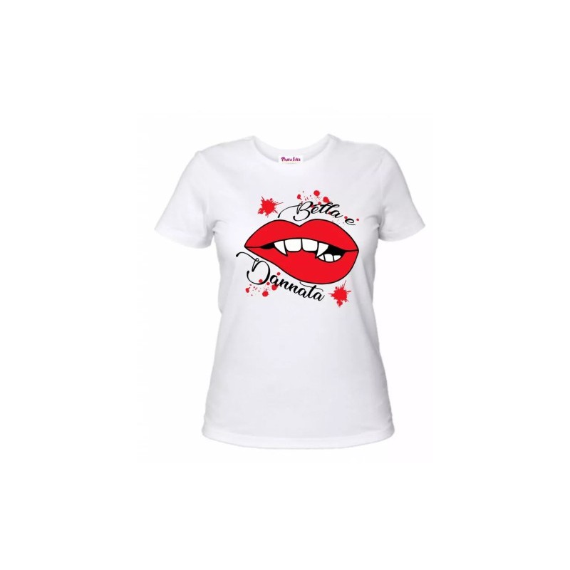 t-shirt maglia bianca donna scritta bella e dannata bocca rossa