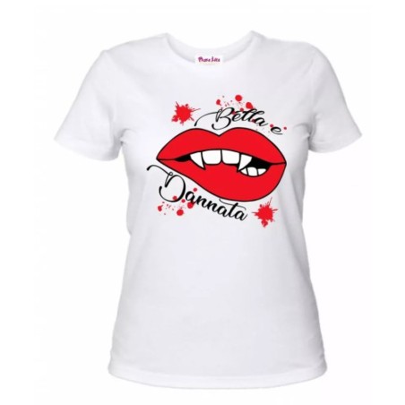 t-shirt maglia bianca donna scritta bella e dannata bocca rossa