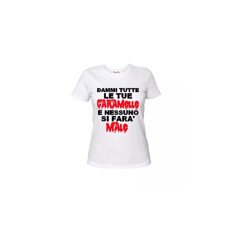 t-shirt maglia bianca donna scritta datemi tutte le caramelle .. halloween