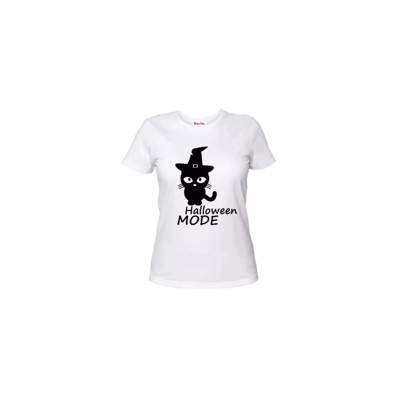 t-shirt maglia bianca donna scritta halloween disegno gatto nero idea regalo