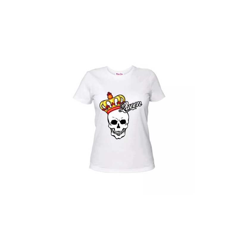 t-shirt maglia bianca donna scritta queen disegno teschio con corona