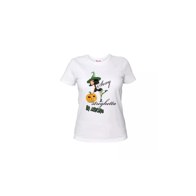 t-shirt maglia bianca donna scritta sexy streghetta in azione halloween regalo