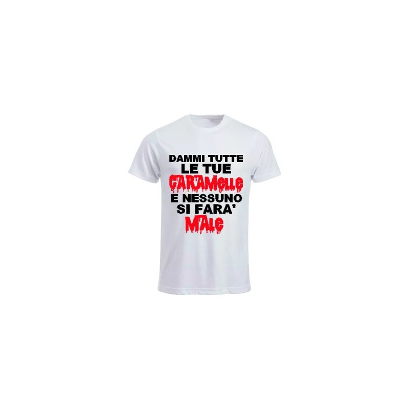 t-shirt maglia bianca uomo scritta datemi tutte le caramelle .. halloween
