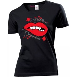 t-shirt maglia nera donna disegno bocca rossa scritta bella e dannata