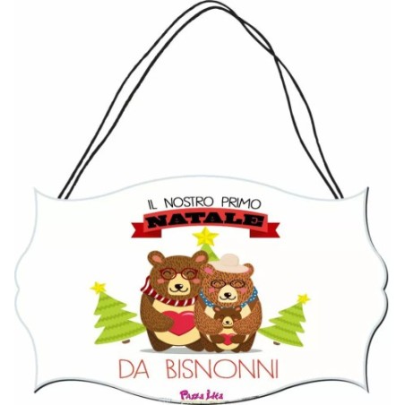 targa targhetta legno mdf 10,4X16,9 scritta il nostro primo natale da bisnonni
