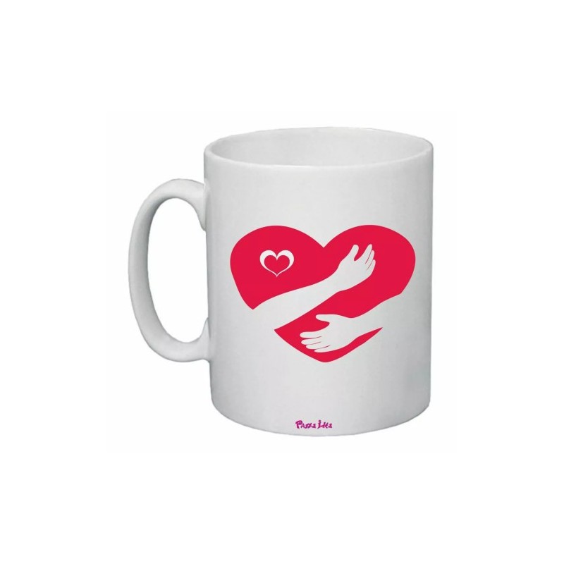 tazza ceramica 8x10 con disegno cuore rosso abbraccio mani regalo amore