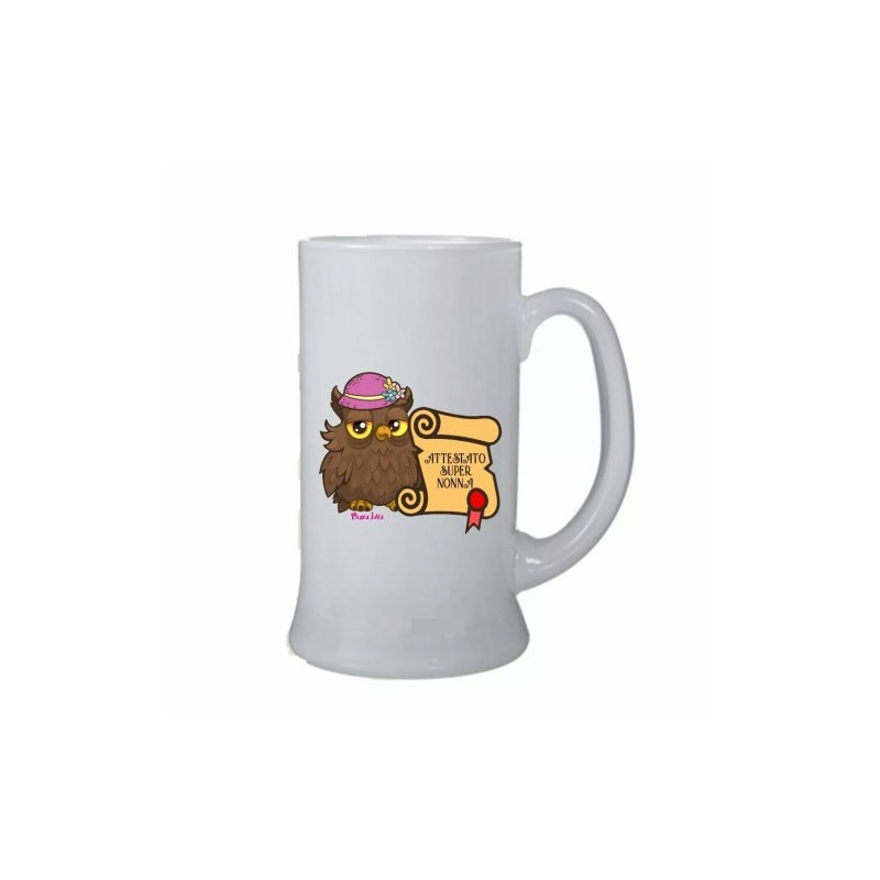 boccale birra bicchiere scritta attestato super nonna idea regalo gufo gufetta