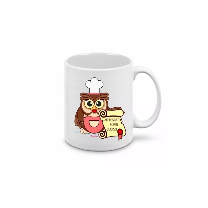 tazza mug 8x10 scritta attestato super cuoca gufo gufetta idea regalo