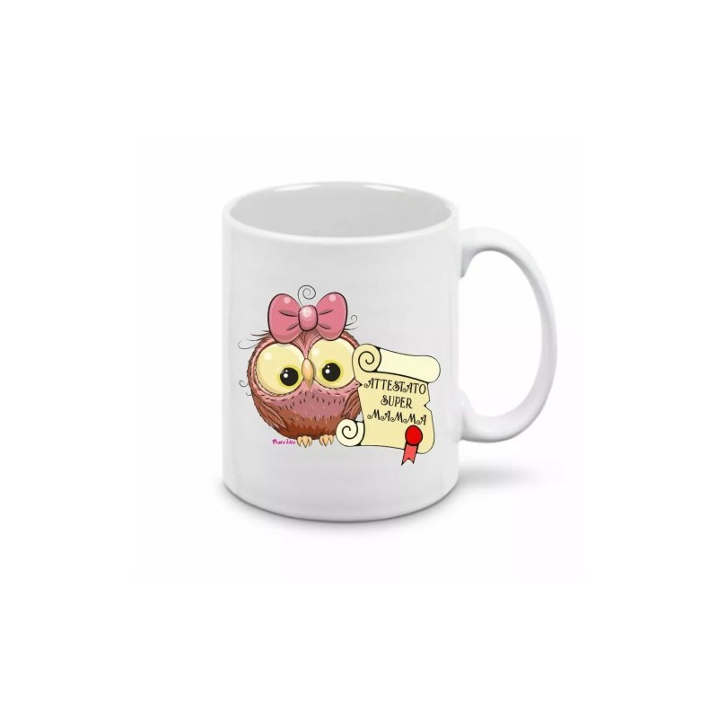 tazza mug 8x10 scritta attestato super mamma gufo gufetta idea regalo