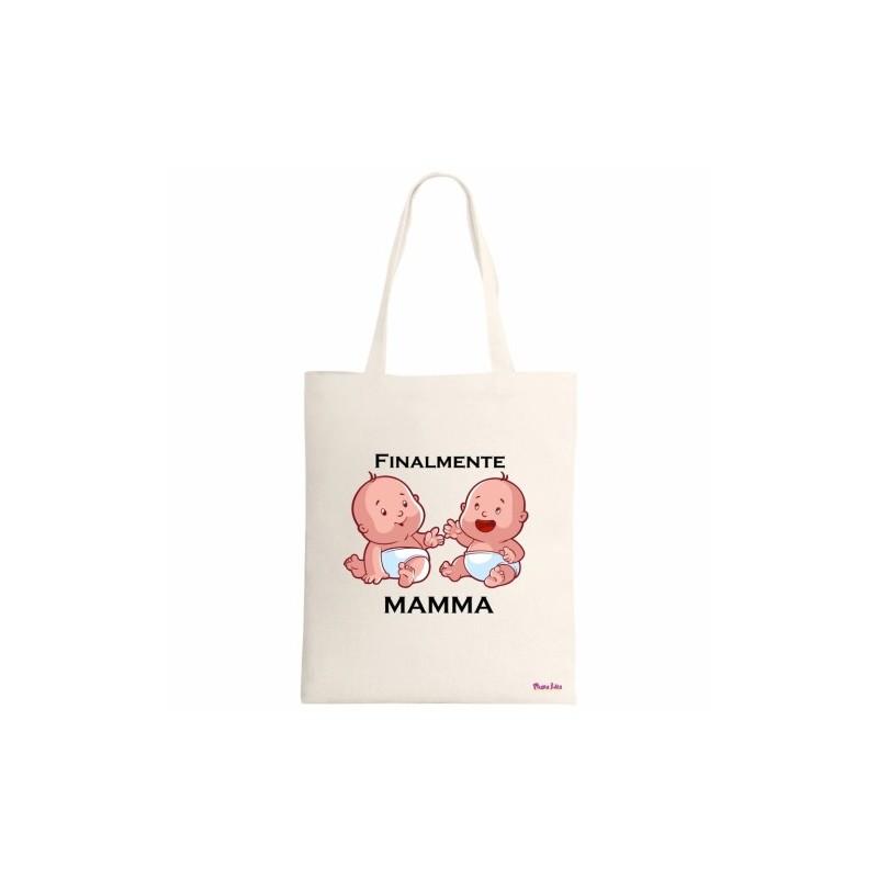 borsa ecru 34x39 scritta finalmente mamma festa regalo compleanno gemelli