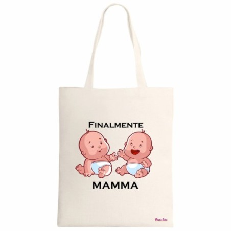 borsa ecru 34x39 scritta finalmente mamma festa regalo compleanno gemelli
