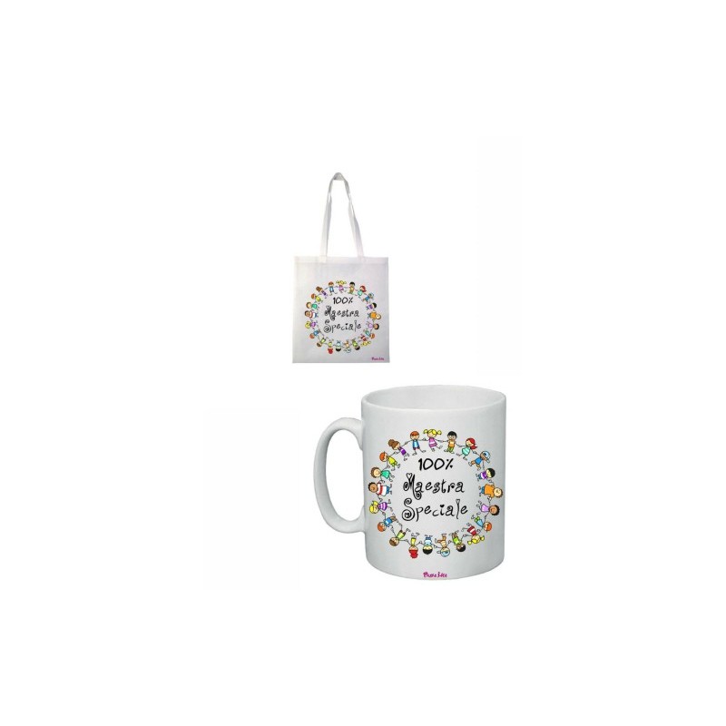 tazza 8x10 + borsa poliestere 36x40 scritta 100% maestra speciale scuola regalo