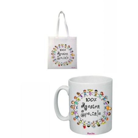 tazza 8x10 + borsa poliestere 36x40 scritta 100% maestra speciale scuola regalo