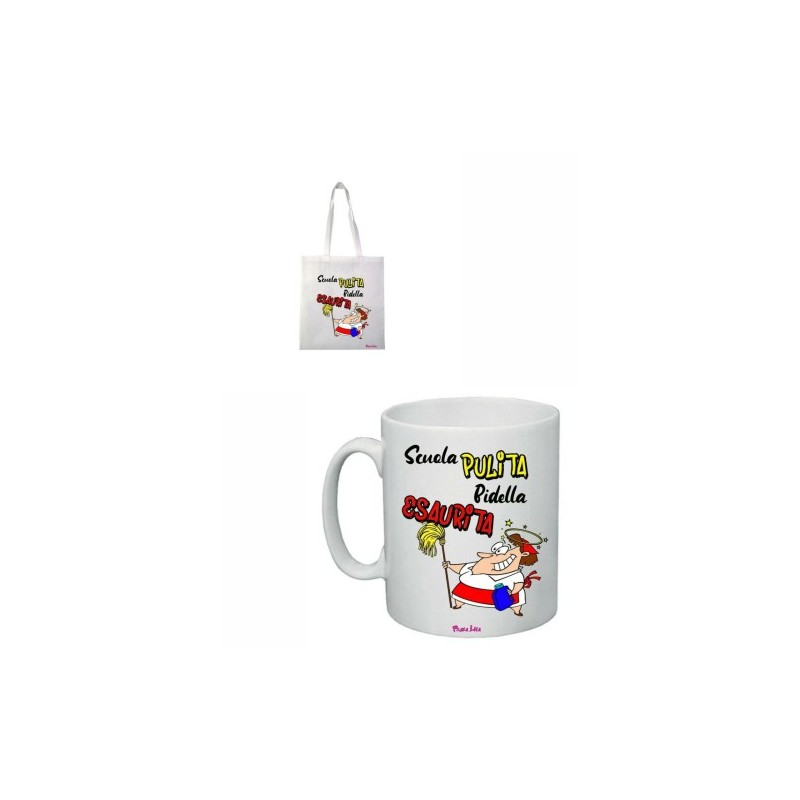 tazza 8x10 + borsa poliestere 36x40 scritta bidella esaurita scuola regalo